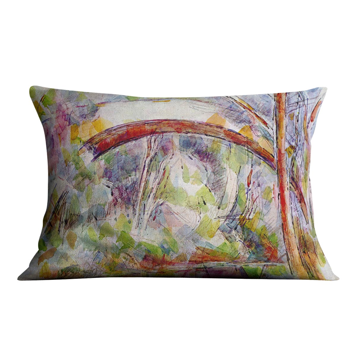 Cushion featuring Cezanne's River at the Bridge of Three Sources design, made from luxurious vegan faux suede with vibrant colors.